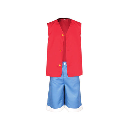 LUFEI cosplay costume set, pirate style red vest+blue shorts+straw hat, anime enthusiast cosplay event full outfit