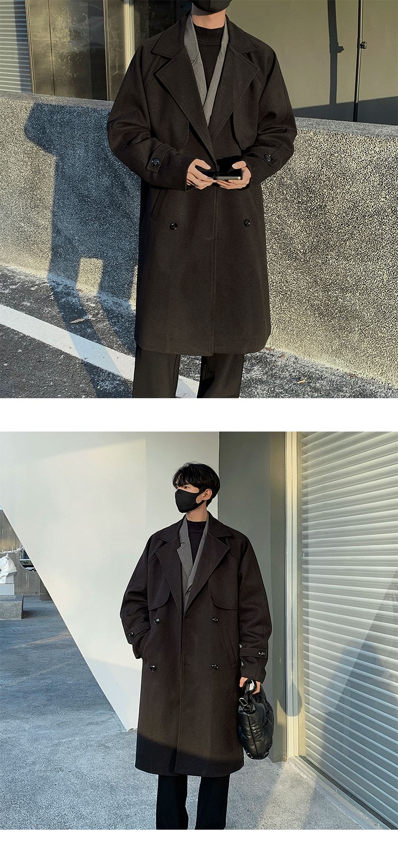 Men's Autumn Winter Mid Length Woolen Coat New Korean Tide Black Thickned Overcoat Long Sleeve Double-breasted Jackets