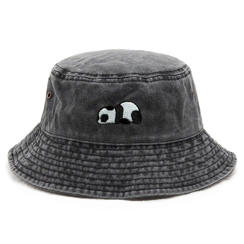 Panda Embroidery Washed Cotton Bucket Hat for Men Women Vintage Wide Brim Sun Protection Adjustable Outdoor Fishing Beach Cap