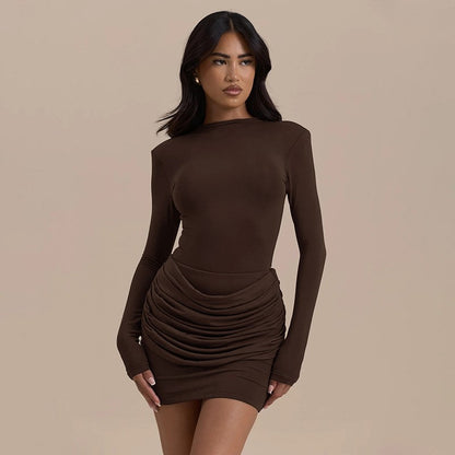 Lady Long Sleeve Ruched Sexy Mini Dress Women Autumn Winter New Elegant Solid High Waist Bodycon Club Party Dresses Female 2025