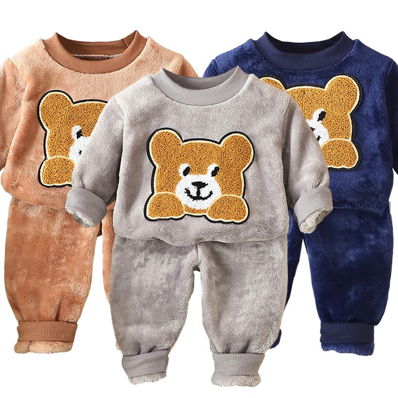 Autumn Winter Baby Boys Homewear Sets Fashion Cartoon Bear Flannel Fleece Clothes for 1-6 Years Kids Sleepwear Children Pajamas