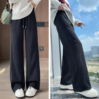 High Waist Warm Trousers Fashion Winter Fleece Thickened Women's Pants Solid Color Loose Elastic Waist Straight Casual Pants