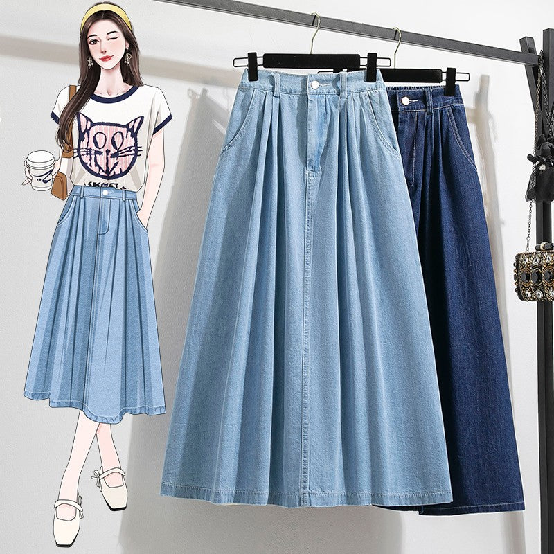 Plus Size Denim Skirt Women Summer 2025 New Korean Style High Waist A Line Pleated Long Jean Skirt Casual Women Maxi Skirt