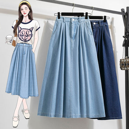 Plus Size Denim Skirt Women Summer 2025 New Korean Style High Waist A Line Pleated Long Jean Skirt Casual Women Maxi Skirt