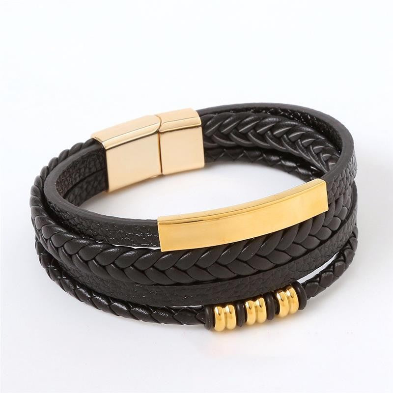 Pulseira de Couro Masculina Punk com Fecho Magnético de Aço Inoxidável Trançado em Camadas Envoltório de Couro Pulseiras Presente Joias Masculinas