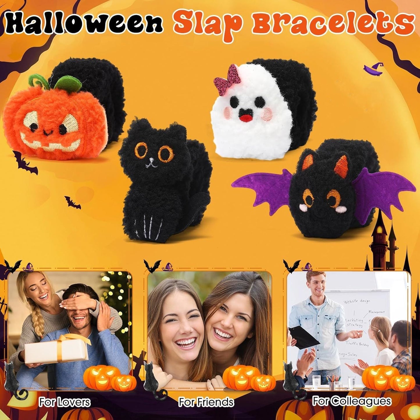 12-48Pcs Halloween Stuffed Slap Bracelets Ghost Plush Trick or Treat Gift Bag Fillers Halloween Party Favors Classroom Prizes