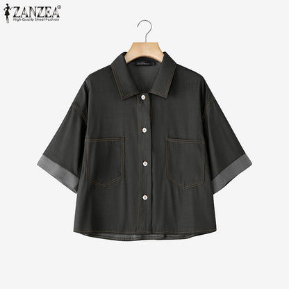 ZANZEA Denim Cardigan Shirts Women Elegant Office Blusas Casual Lapel Neck Outwears 2025 Half Sleeve Solid Color Fashion Tunic