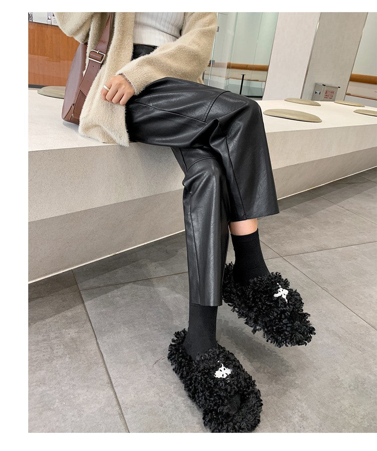 Autumn Winter PU Leather Vintage Women's Ankle Length Pants 2024 New High Waist Zipper Black Straight Pants Female Pockets