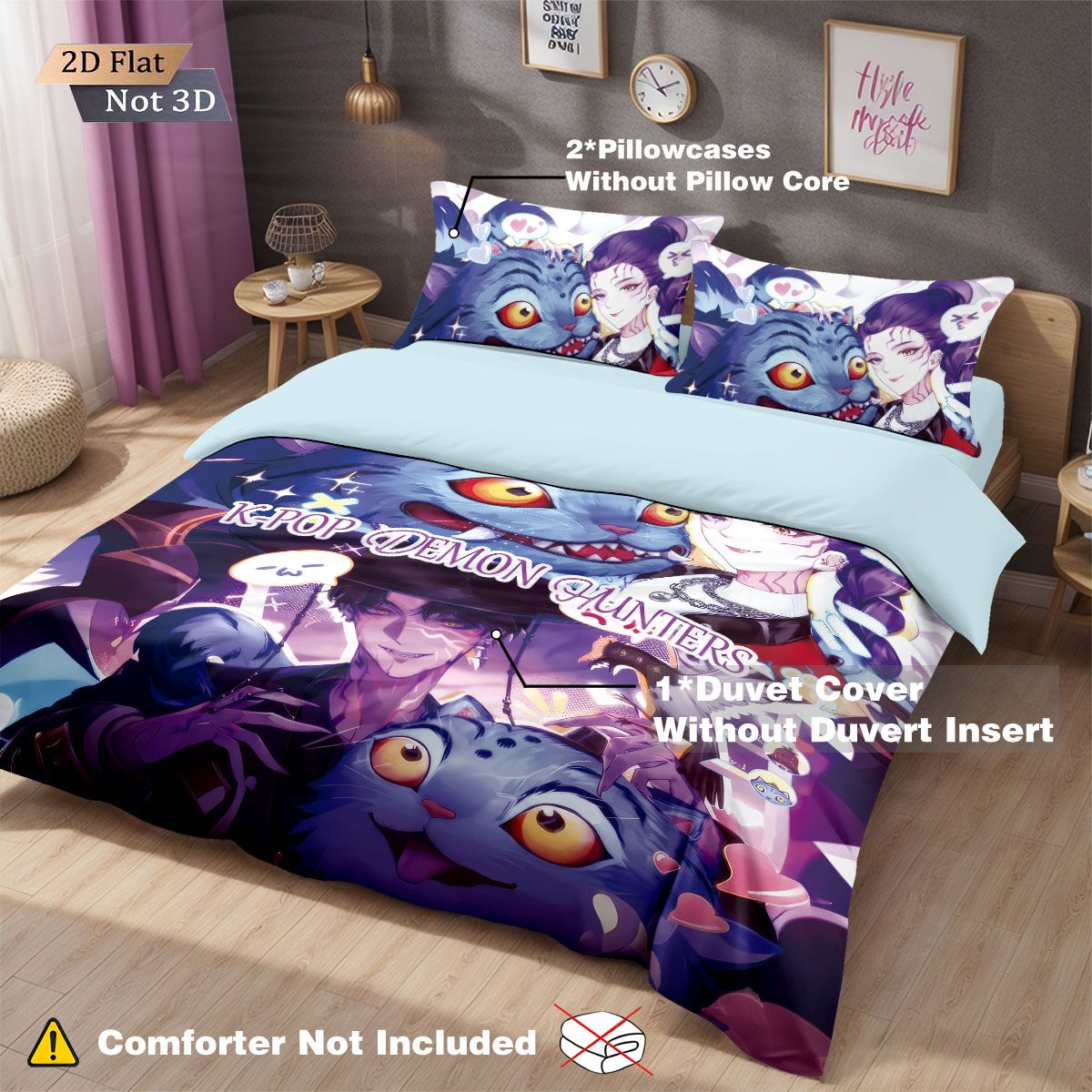 3pcsK-Pop Demon Hunters Printed Chipless Bedding, Multi Sized Bedding, Dormitory duvet Cover, Soft Machine Washable Decoration