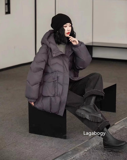 Lagabogy 2025 Women Autumn Winter Vintage Style Loose Casual Mid-Long Hooded Warm Puffer Coat Female 90% White Duck Down Jacket