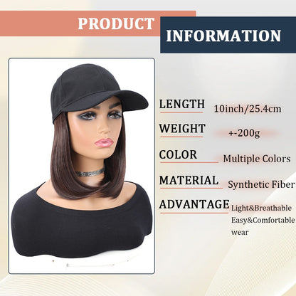 Boné de Beisebol com Extensões de Cabelo Sintético, Resistente ao Calor, 25 cm, Peruca Curta Lisa Ajustável Estilo Bob em Boné para Uso Diário Feminino