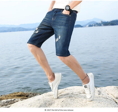 New Summer Men's Personalized Washable Perforated Denim Short Pants Male Casual Straight Short Jeans