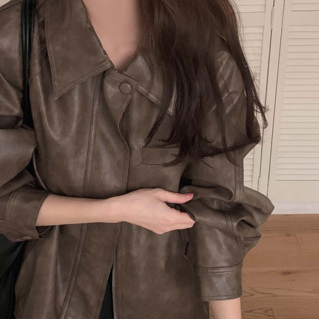 Sli Loose PU Leather Jaet Women's Chic Retro Collar Versatile BF Sle Motorcycle Clothes Trendy Long Sve Zipper