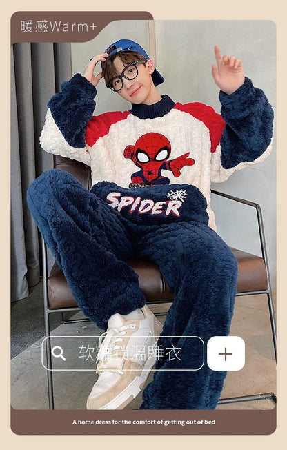 Conjunto de Pijama Masculino Homewear Marvel Homem-Aranha Anime Novo Bonito Desenho Animado Criativo Padrão Simples Moda Flanela Macia Engrossada Quente