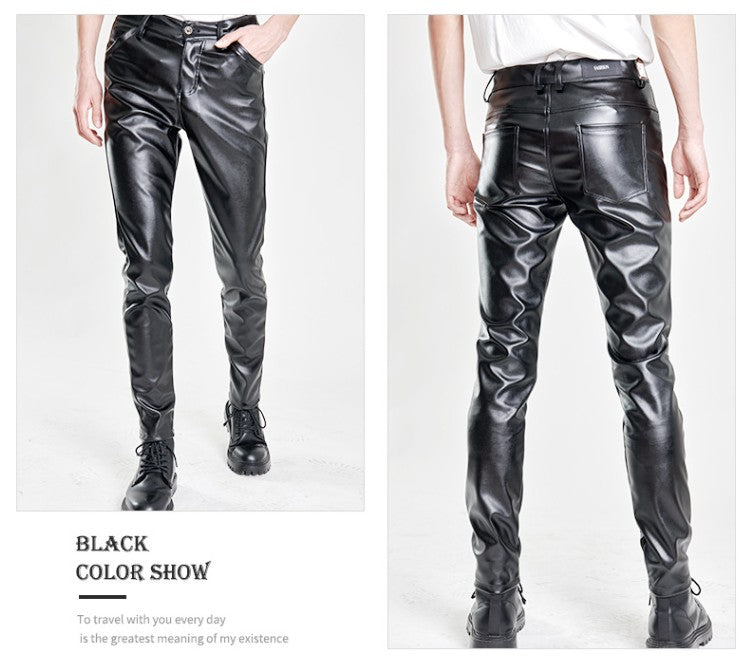 New Men Solid Color Slim Fit Faux Leather Pants Green / White / Black Homme Bar KTV High Street Biker Trousers
