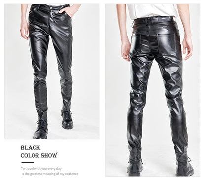 New Men Solid Color Slim Fit Faux Leather Pants Green / White / Black Homme Bar KTV High Street Biker Trousers