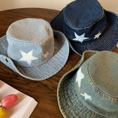 Kawaii Denim Star Fisherman Hat Wide Brim Y2K Outdoor Sun Hat Sunshade Adjustable Western Cowboy Hat Fishing