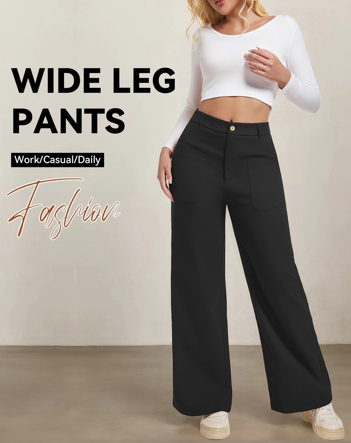 Women's Plain Pocket Button Front Wide Leg Pants, Casual High Waist Trousers for Daily Wear, Ladies Bottoms for All Seasons