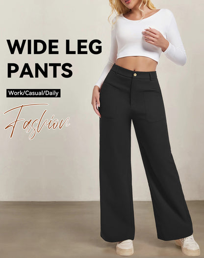 Women's Plain Pocket Button Front Wide Leg Pants, Casual High Waist Trousers for Daily Wear, Ladies Bottoms for All Seasons