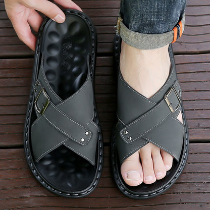 Men Summer Stylish Slippers Open-toe Soft-Soled Shoes Simple Solid Color Half Drag Slip-On Shoes Outdoor Man Comfortable Sandals