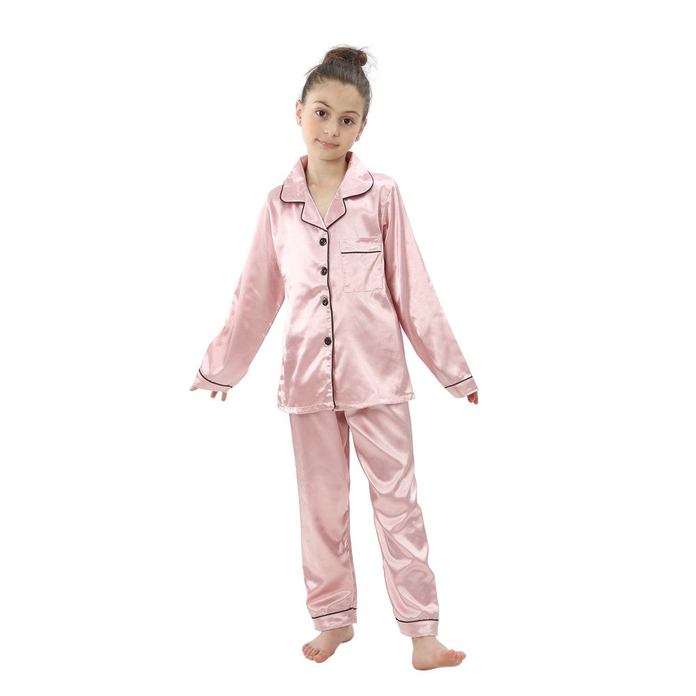 2 to 14 Years Boys Girls Pajamas Sets Kids Silk Satin Top Pant Long/Short Sleeve Solid Pyjamas Suits Nightgown Child Sleepwear