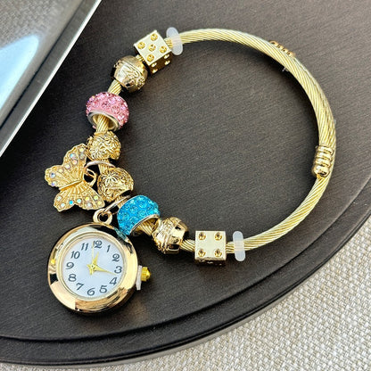 Cross-border Gold Bracelet Watch Adjustable opening Alloy bracelet Quartz Watch Beaded Small flower bracelet Watch