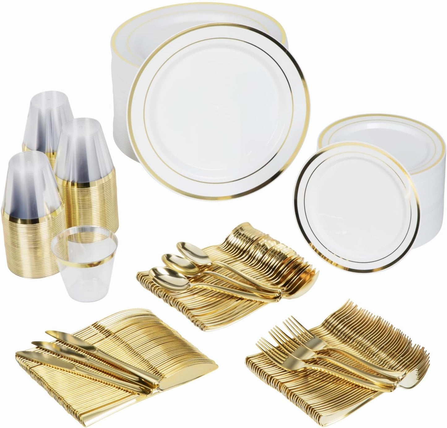 Conjunto de Louça Descartável para Festa Prestee com 600 Peças para 100 Convidados, Talheres Dourados Descartáveis com Pratos, Copos, Facas, Garfos e Colheres
