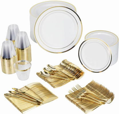 Conjunto de Louça Descartável para Festa Prestee com 600 Peças para 100 Convidados, Talheres Dourados Descartáveis com Pratos, Copos, Facas, Garfos e Colheres