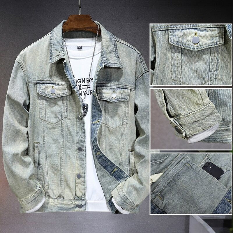 Men's casual denim jacket for spring and fall, metallic single-breasted denim jacket size M-5XL