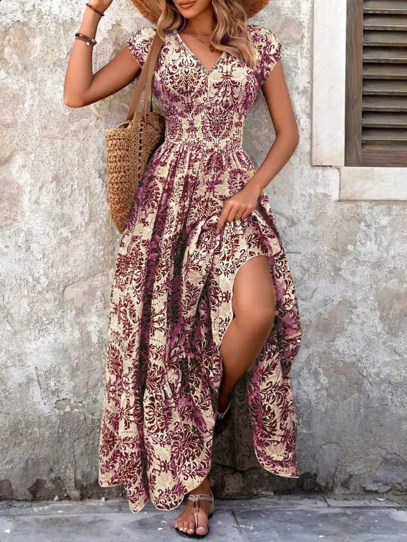 2025 vintage printed dress fashionable and elegant V-neck short sleeved jumpsuit long skirt women's clothing