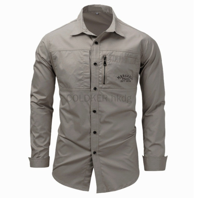 European Size Men's Shirt Cotton Multi-Pocket Button Up Green Navy Cargo Shirt Long Sleeve Button Down Hiking Fishing Work Shirt