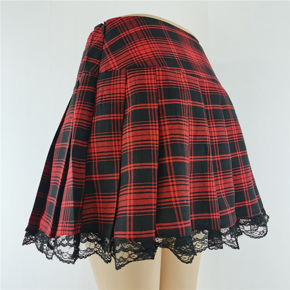 New Contrast Lace Plaid Pleated Skirt Vintage Sexy Skater Clothes Harajuku Gothic Punk England Style Y2k Skirt