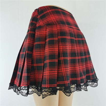 New Contrast Lace Plaid Pleated Skirt Vintage Sexy Skater Clothes Harajuku Gothic Punk England Style Y2k Skirt