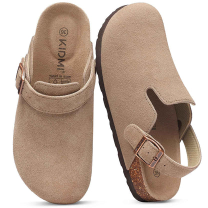 Crestar Women Cow Suede Clogs Cork Footbed Leather Mules Lady Outdoor Comfort Arch Support Potato Shoes With Adjustable Strap