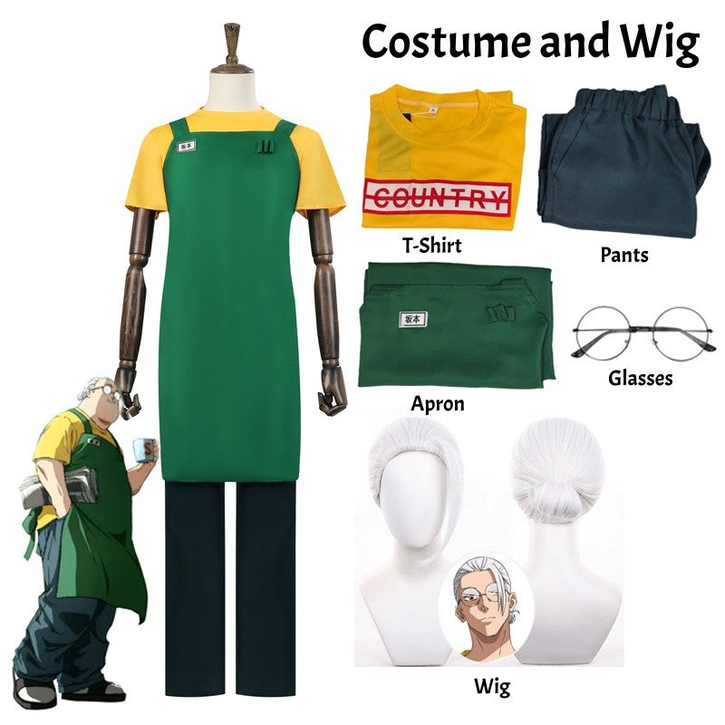 Anime Sakamoto Days Taro Sakamoto Cosplay Costume Yellow Retired T-Shirt Green Apron Glasses Halloween Party Suit For Men