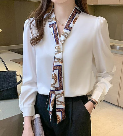 H Han Queen Spring Chiffon Simple Office Lady Blouse Female Shirt Bow Tops Long Sleeve Casual Korean OL Loose Blouses Women