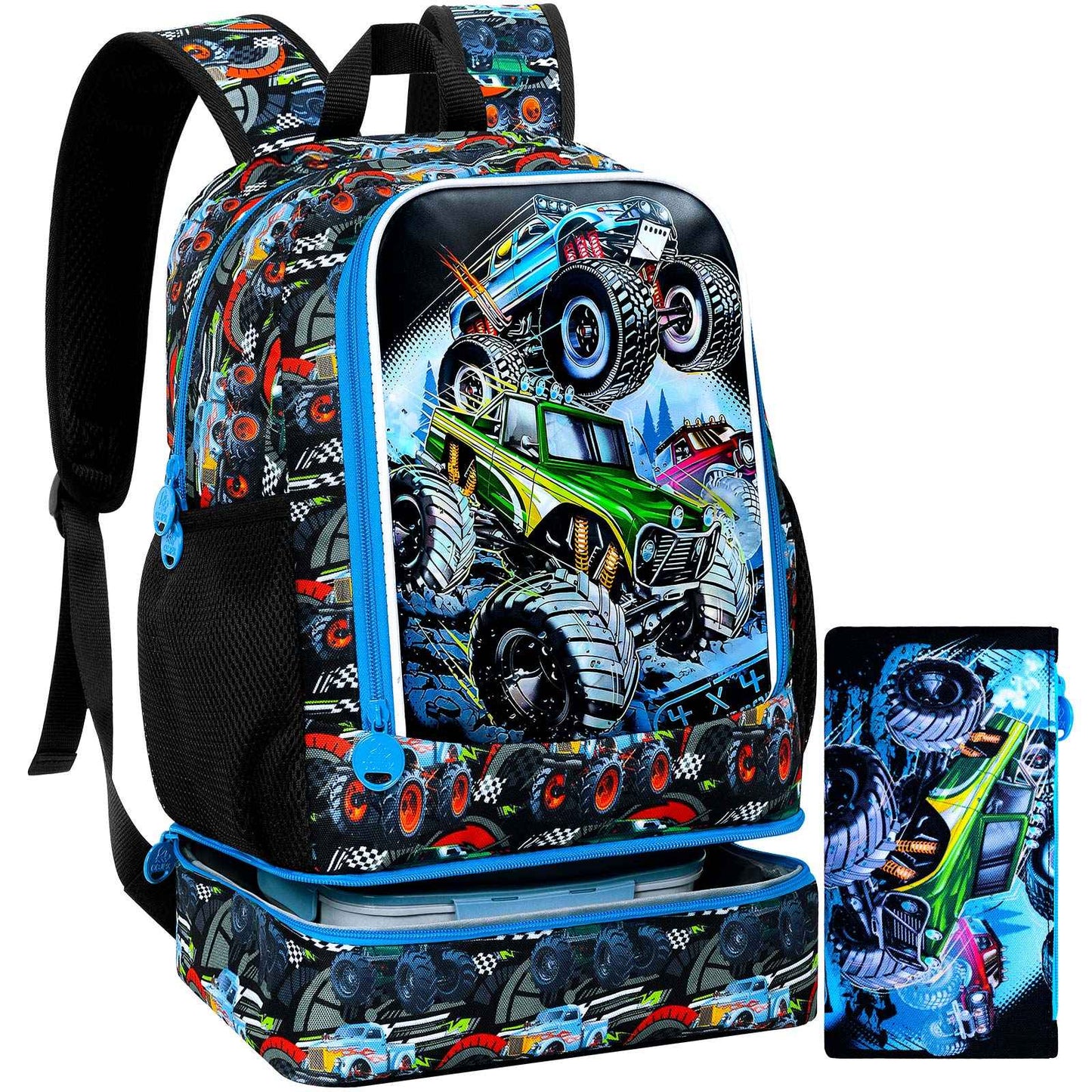 Mochila 2 em 1 de Carro de Corrida para Meninos, Mochila Escolar Infantil de 17 polegadas com Lancheira Térmica, Mochilas Escolares para Ensino Fundamental e Pré-escola