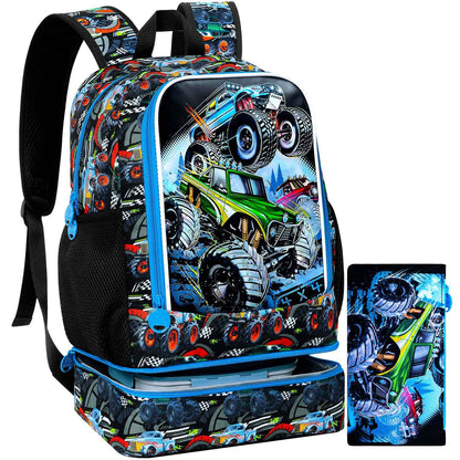 Mochila 2 em 1 de Carro de Corrida para Meninos, Mochila Escolar Infantil de 17 polegadas com Lancheira Térmica, Mochilas Escolares para Ensino Fundamental e Pré-escola