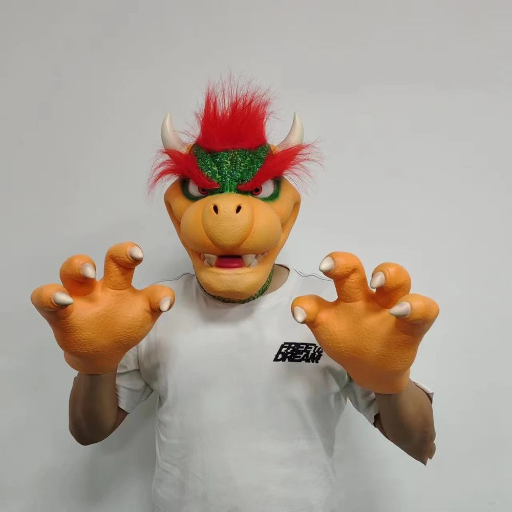 Anime Cartoon Bowser Cosplay Mask and Gloves Costumes Cute Dinosaur Claw Paw Latex Helmet Halloween Party Game Props Accessories