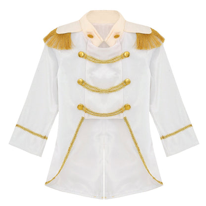 Little Boys Prince Cosplay Costume Long Sleeve Gold Fringe Braiding Velvet Tuxedo Tailcoat Royal Court Cosplay Jacket Dress Up
