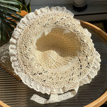 Summer Foldable Lace Edge Straw Hat for Women's Handwoven Cute Bow Sunshade Hat for Vacation Beach Hat