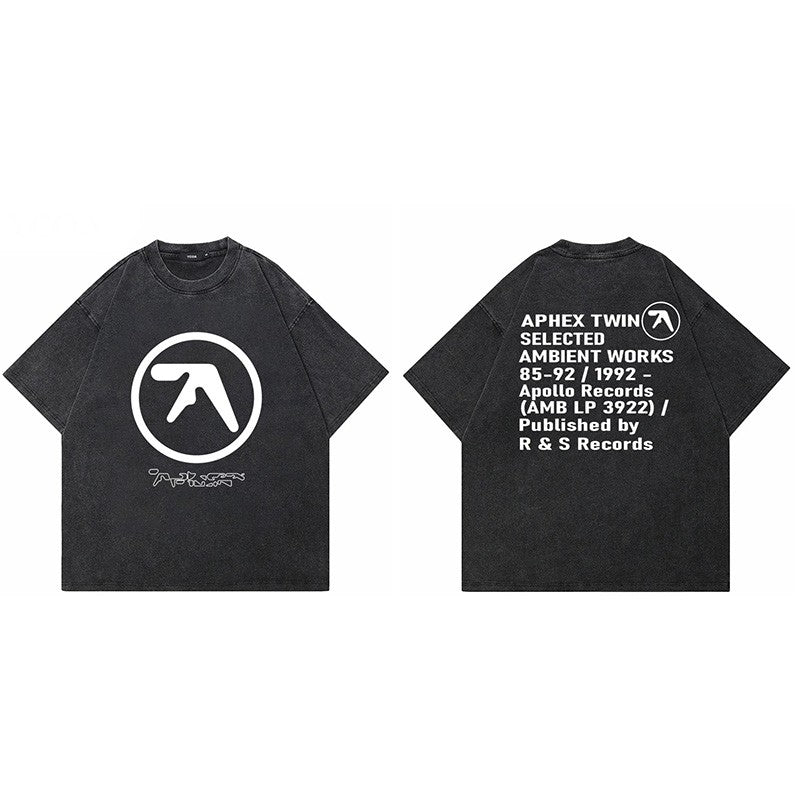 Men T-Shirt Aphex Twin Washed Black Print Cotton Graphic Oversized Korean Fashion Short Sleeve Tops Tees Y2k Streetwear Clothing