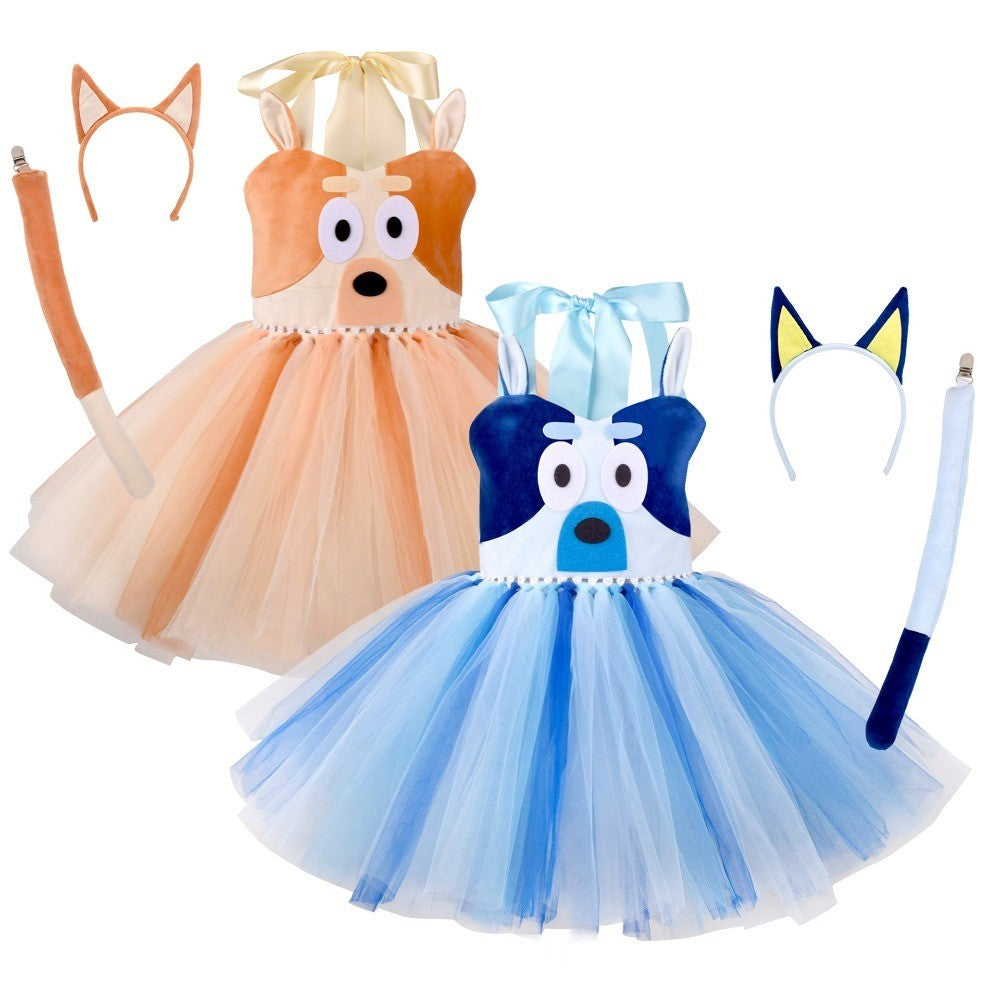 Animal Cosplay Costume Dog Print Tutu Dress Halloween Dog Role Play Outfit for Birthday Party Carnival Stage Themed Performance