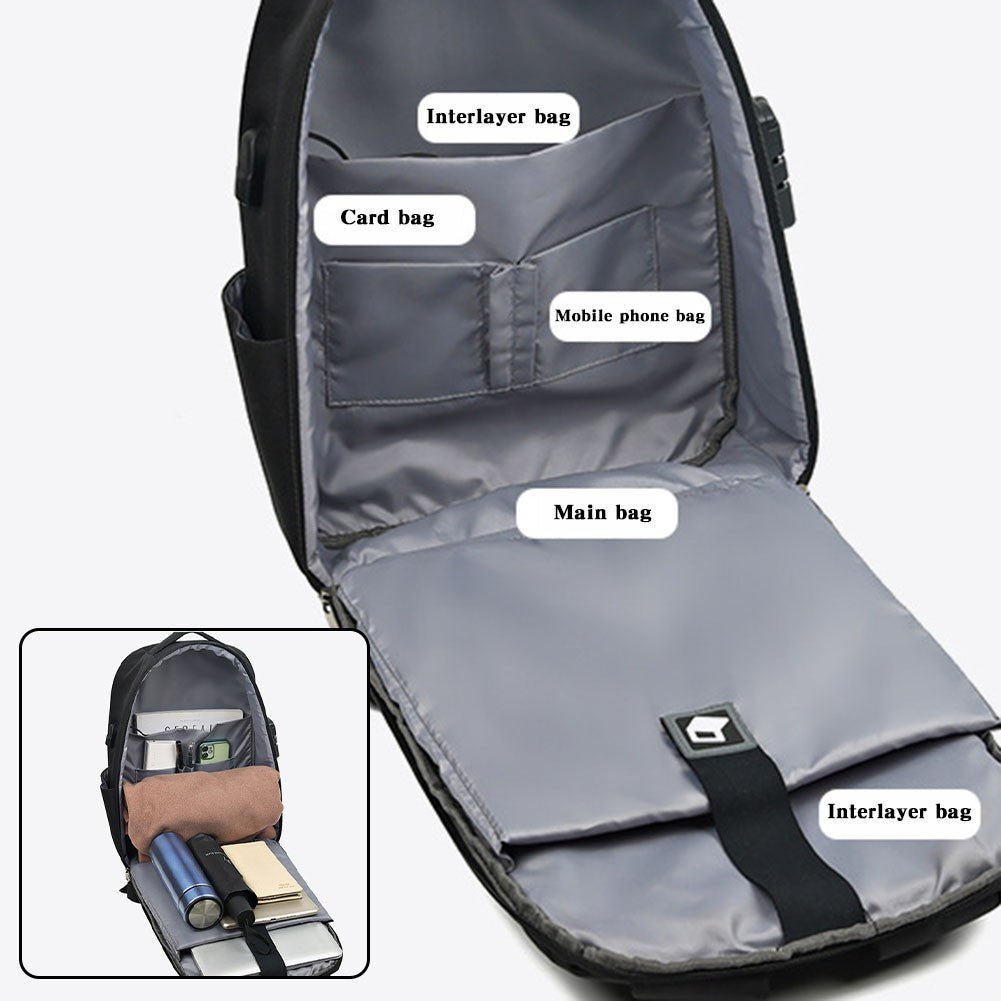 Mochila Masculina Casual Portátil Grande Capacidade com Zíper, Senha Segura, Impermeável, Porta USB para Carregamento e Compartimento para Laptop