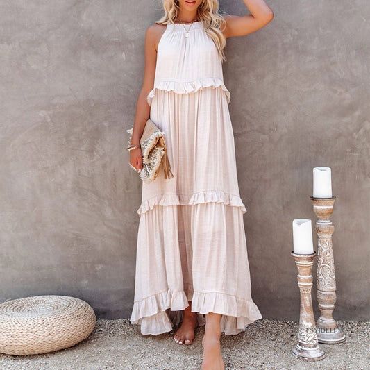Elegant Women's Apricot Ruffle Edge Long Mop Floor Dresses Summer Fashion Hangin