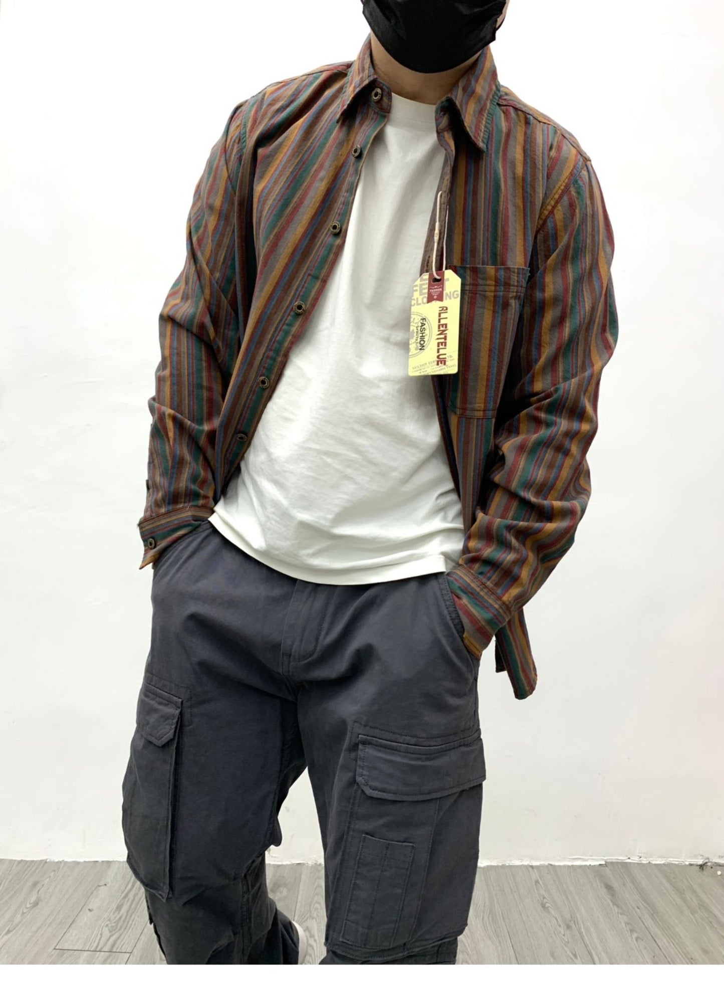 Amikaki Ethnic Style Men's Pure Cotton Colorful Stripes Shirt Loose Ancient Cargo Long Sleeved Shirt Jacket With Chest Pocket