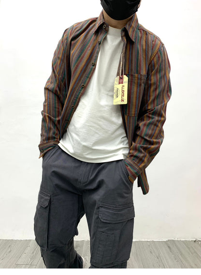 Amikaki Ethnic Style Men's Pure Cotton Colorful Stripes Shirt Loose Ancient Cargo Long Sleeved Shirt Jacket With Chest Pocket