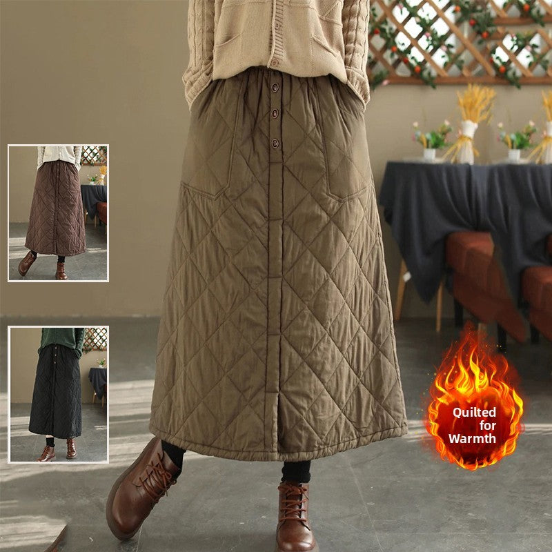 Retro Warm Cotton Quilted Long Midi Skirt High Waist A-Line Skirt for Middle-Aged And ly Women Diamond Patterned f Skirt