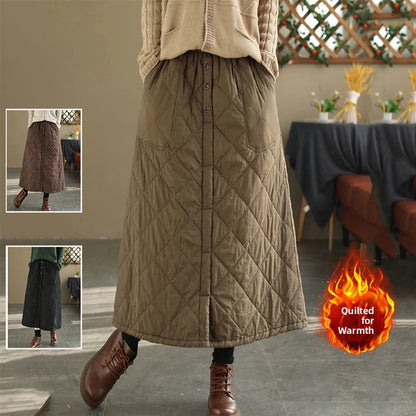 Retro Warm Cotton Quilted Long Midi Skirt High Waist A-Line Skirt for Middle-Aged And ly Women Diamond Patterned f Skirt
