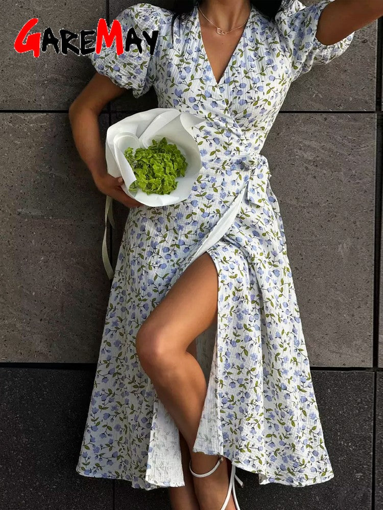 Casual Women's Summer Dresses 100% Cotton Floral Print A-line Midi Dress with Si